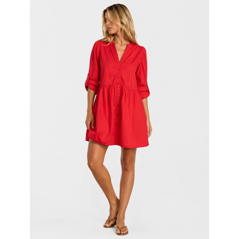 Hale Bob Red Cotton 3/4 Roll Tab Sleeve Babydoll Tunic Dress S NWOT